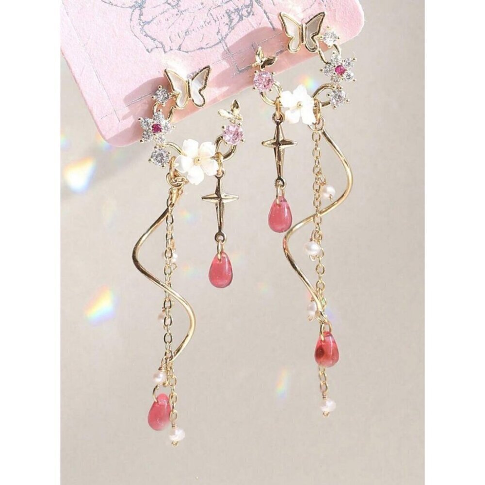 1pair Fairy Pink Butterfly Long Tassel Earrings Versatile For Everyday Wear